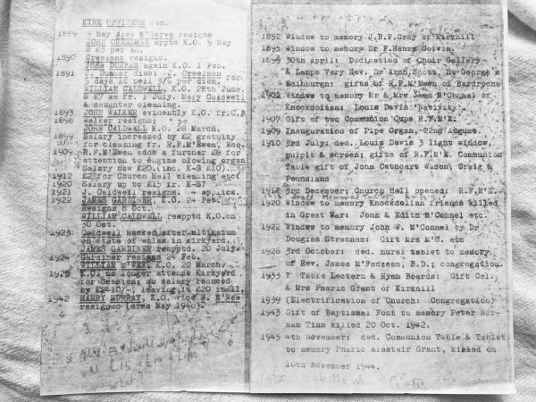 Notes of events dated 1889-1945 Colmonell church